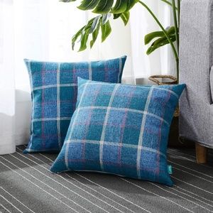 PLAID PILLOWS SET OF 2- PINK GREEN & BLUE PLAID 18x18"